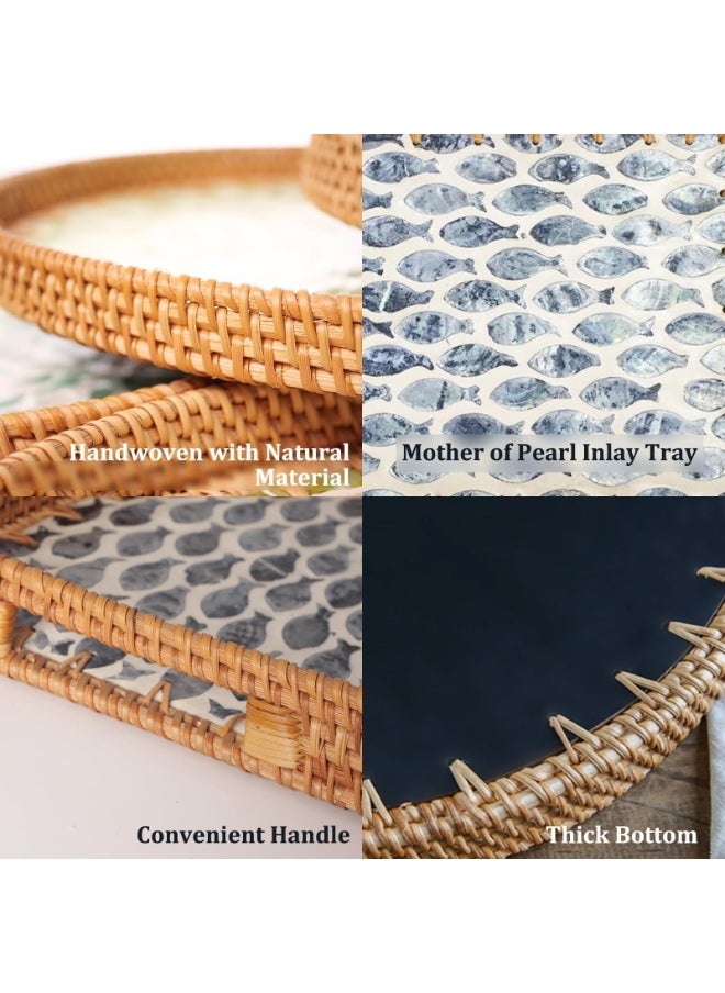 Generic Rattan Tray with Mother of Pearl Inlay, Display Wicker Basket with Handles, Rectangle Serving Tray for Bread Fruit Coffee Decoration and Daily Necessity  - Image 2