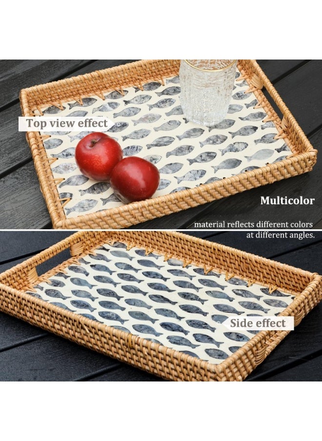 Generic Rattan Tray with Mother of Pearl Inlay, Display Wicker Basket with Handles, Rectangle Serving Tray for Bread Fruit Coffee Decoration and Daily Necessity  - Image 3