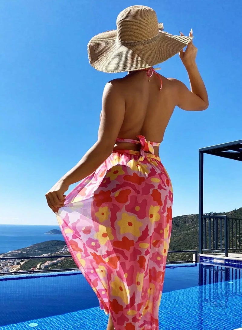 Generic Floral Halter Bikini Swimsuit With Beach Skirt  - Image 3