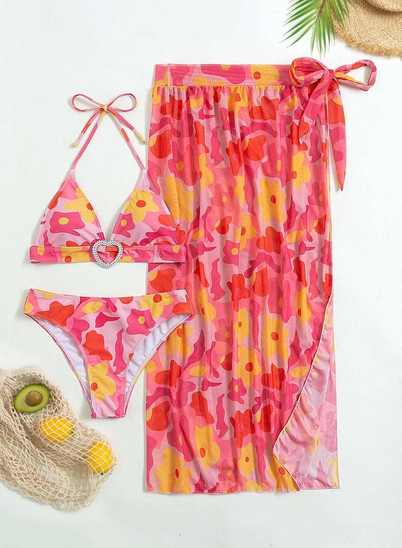 Generic Floral Halter Bikini Swimsuit With Beach Skirt  - Image 1
