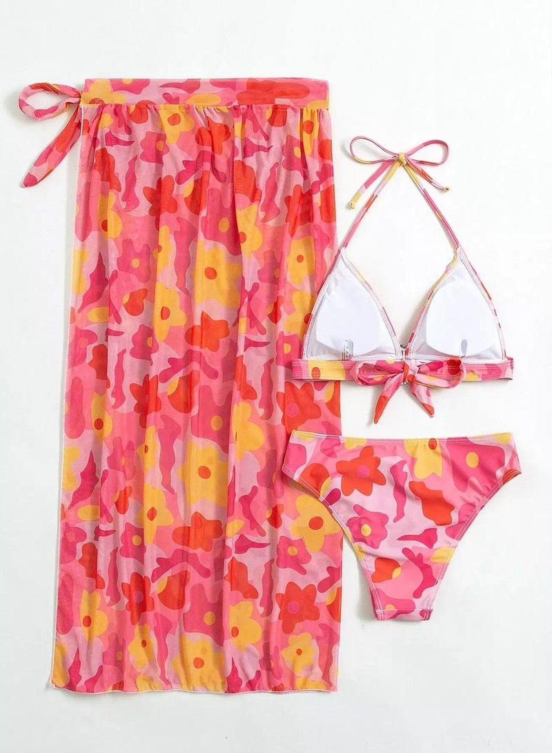 Generic Floral Halter Bikini Swimsuit With Beach Skirt  - Image 5