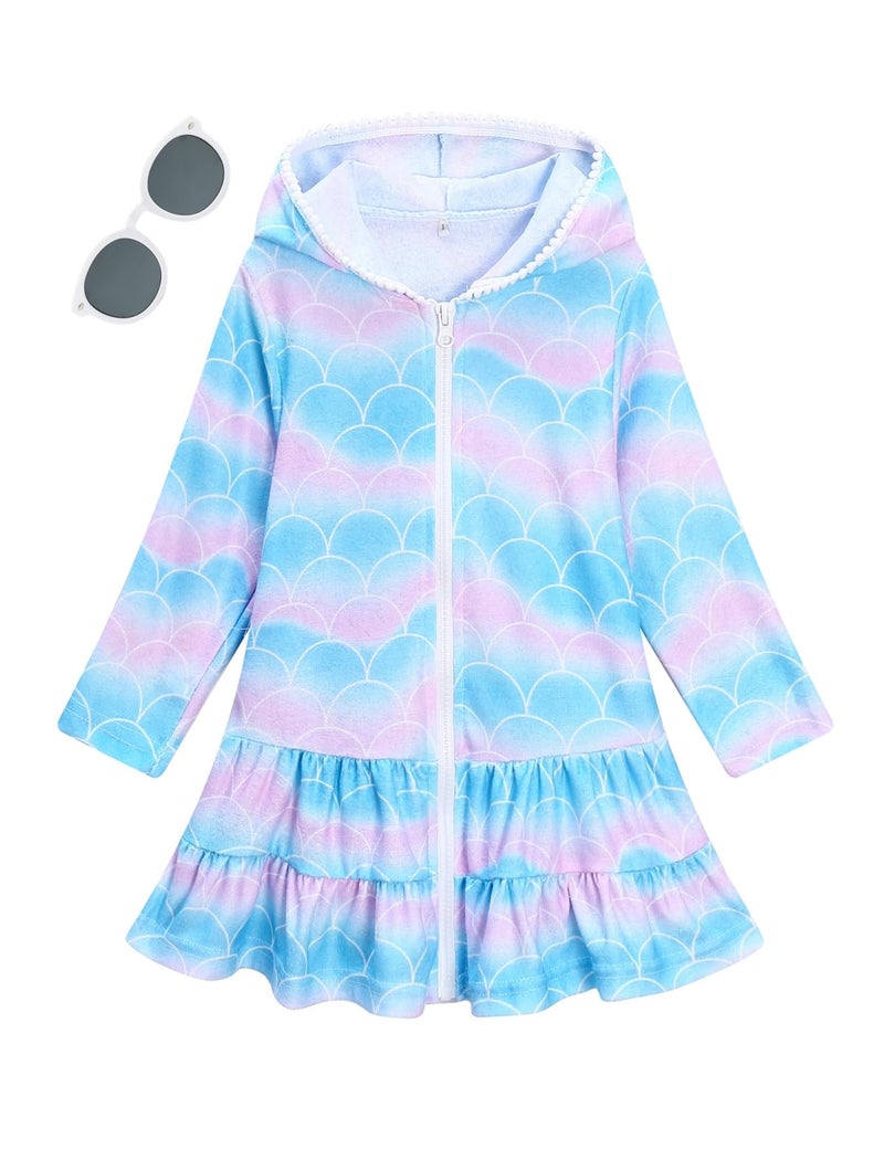 LUCKYGAL Girls Swimsuit Cover Up Kids Long Sleeve Swim Coverup Mermaid Zip-Up Beach Clothes,3t 4t - Image 1