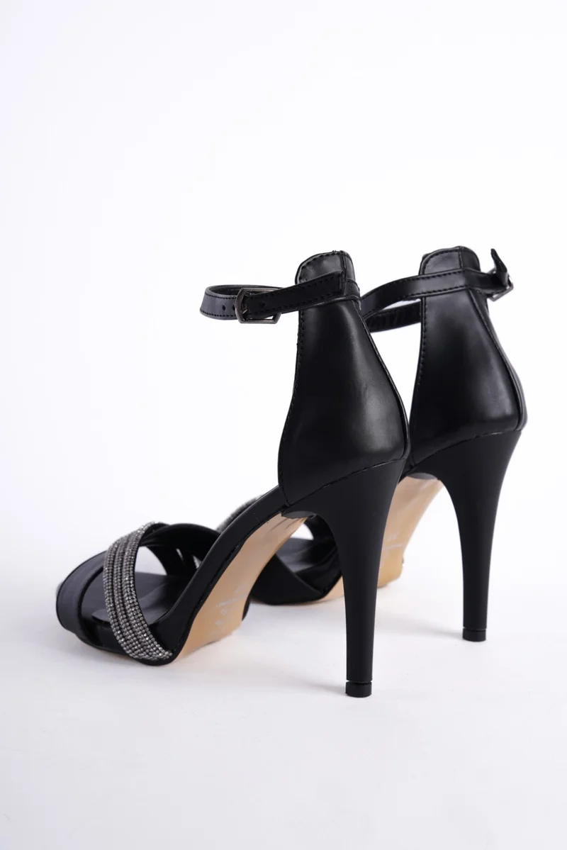 Elmando Women's 10 cm Heeled Stone Detailed Heel Classic Shoes Black Skin
