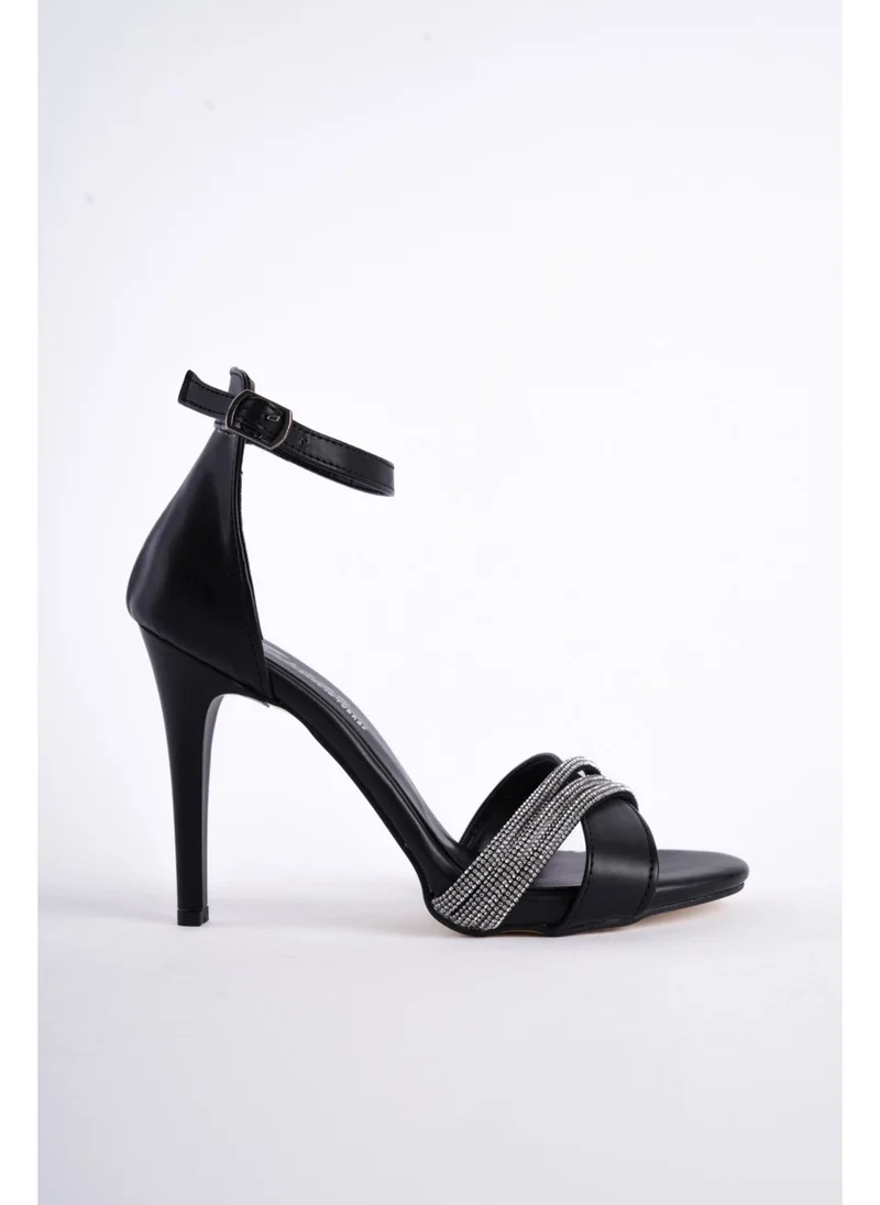 Elmando Women's 10 cm Heeled Stone Detailed Heel Classic Shoes Black Skin