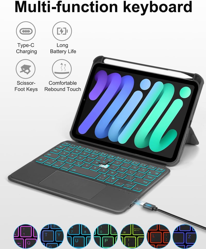 MICROWARE Case with Trackpad Keyboard Compatible for iPad mini 7th(A17 Pro, 2024)/6th Generation 8.3 inch,7-Color Backlit Wireless Keyboard Magnetic Detachable Multi-Angle Stand Cover - Image 4