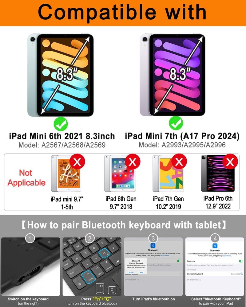 MICROWARE Case with Trackpad Keyboard Compatible for iPad mini 7th(A17 Pro, 2024)/6th Generation 8.3 inch,7-Color Backlit Wireless Keyboard Magnetic Detachable Multi-Angle Stand Cover - Image 2