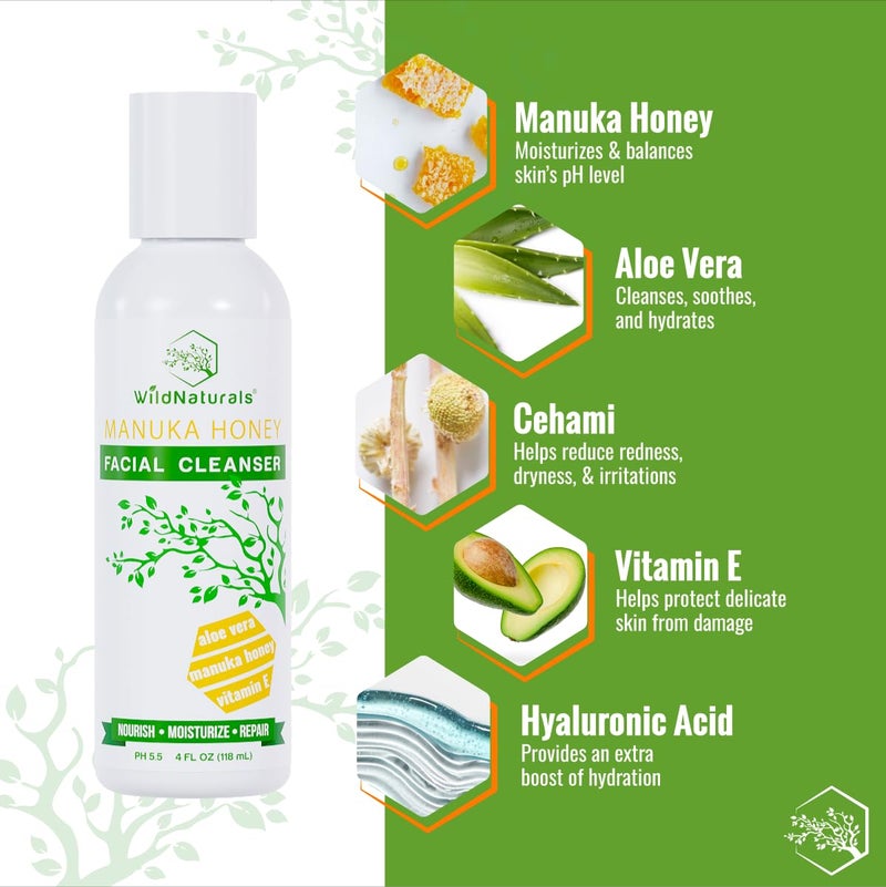 Wild Naturals Gentle Manuka Honey Face Wash - Eczema Facial Cleanser with Aloe Vera Extract, Hydrating & Soothing for Dry, Sensitive Skin - Repairs & Nourishes Irritated & Damaged Skin - Image 2