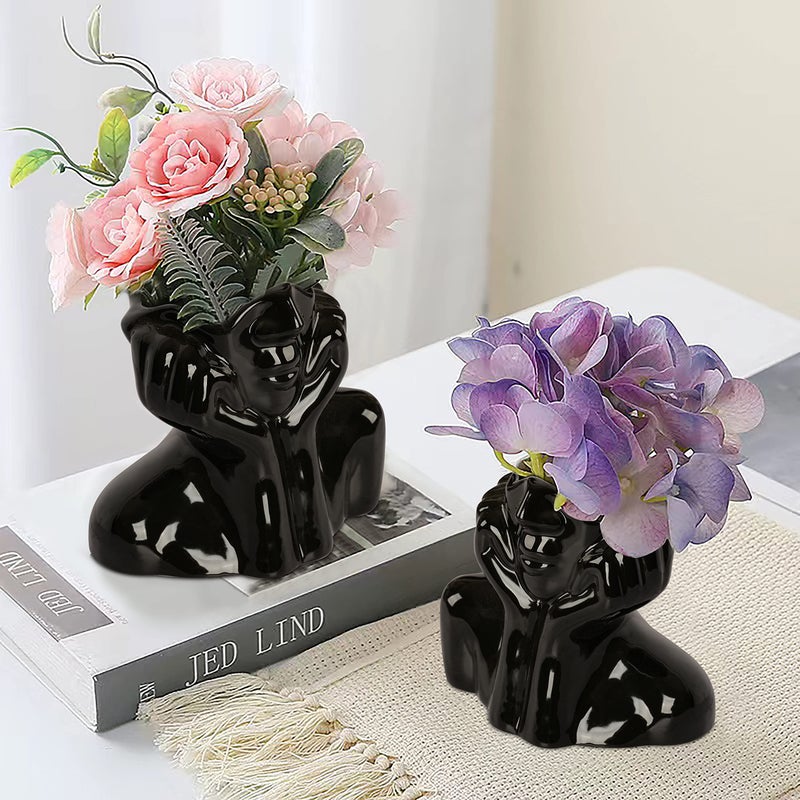 BDLBDL Flower Vase for Decor Black Ceramic Face Vase for Flowers, Head Vase, Female Form Head Bust Vases, Modern Minimalism Vase for Home Decor Living Room Office Table Desk Decoration (W 6" x H 5") - Image 4