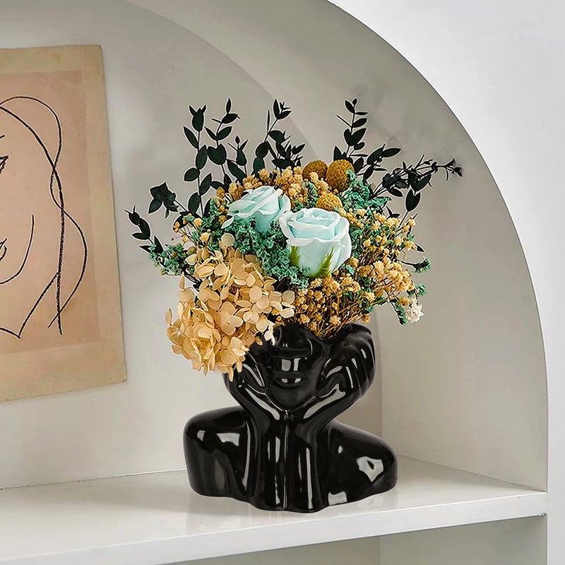 BDLBDL Flower Vase for Decor Black Ceramic Face Vase for Flowers, Head Vase, Female Form Head Bust Vases, Modern Minimalism Vase for Home Decor Living Room Office Table Desk Decoration (W 6" x H 5") - Image 3