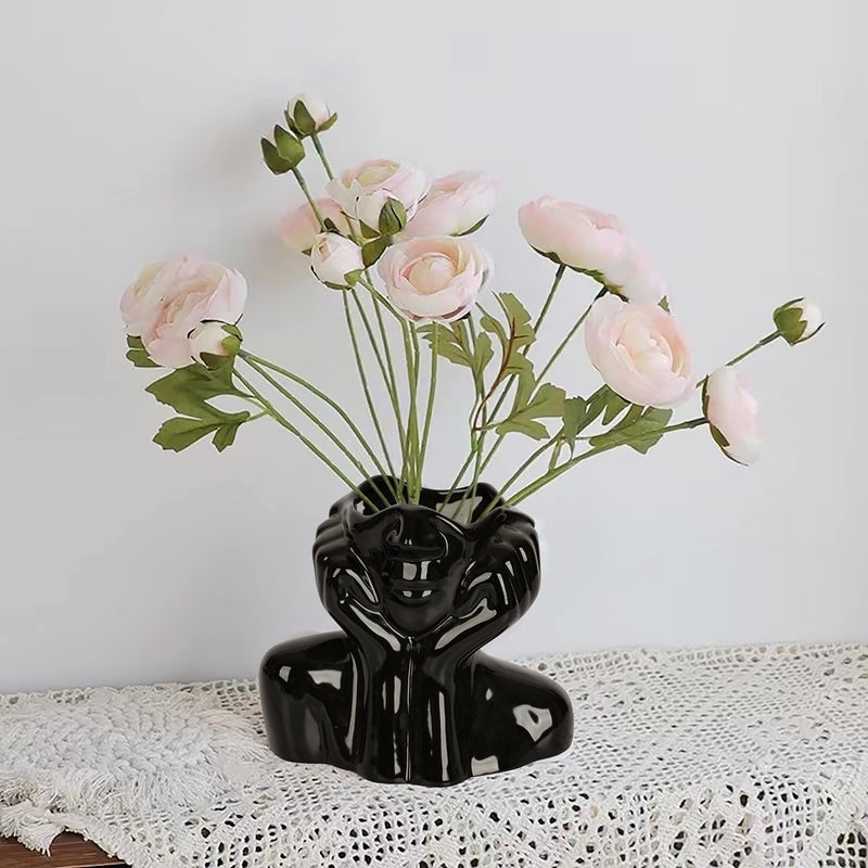 BDLBDL Flower Vase for Decor Black Ceramic Face Vase for Flowers, Head Vase, Female Form Head Bust Vases, Modern Minimalism Vase for Home Decor Living Room Office Table Desk Decoration (W 6" x H 5") - Image 2