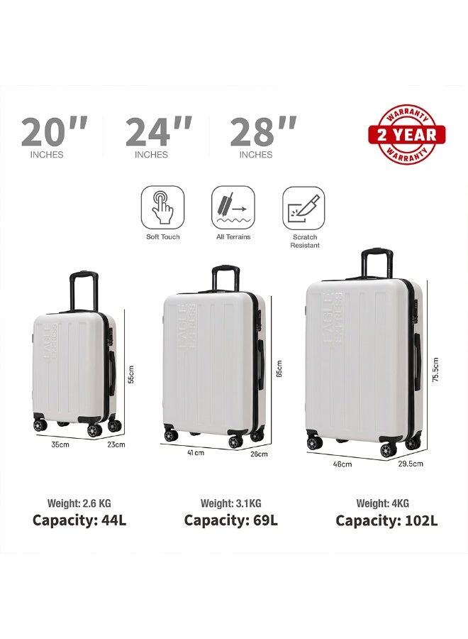 Eagle Express Venture ABS Hard Shell Luggage Set 3 Pcs (20/24/28 Inch) White, Lightweight Travel Trolley Suitcase Set with 360 Spinner Wheels, Secure Lock and 2 Year Warranty - Image 3