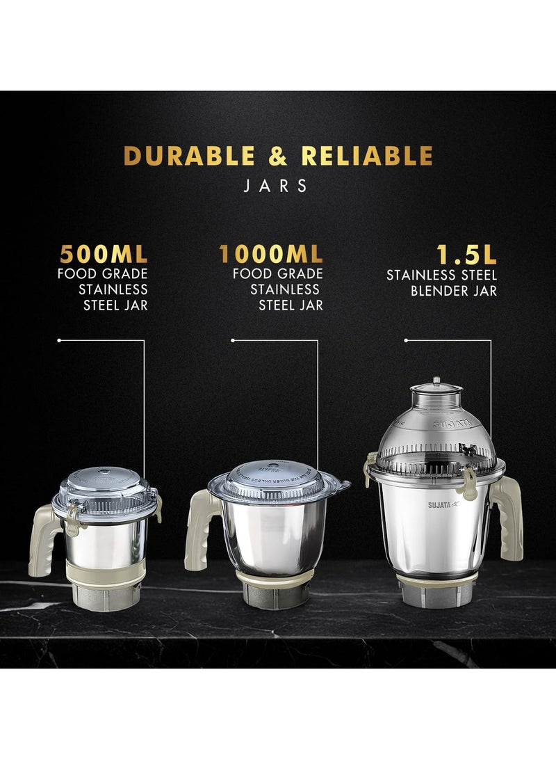 Sujata MG02 Mixer Grinder, 1000W, Double Ball Bearing Motor, 3 Food Grade Steel Jars, Beige & White - Image 3