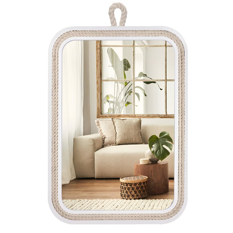 Nautical Rope Mirror Rectangular Hanging Mirrors for Wall 22Lx16W White Decorative Mirror Farmhouse Mirror with Rope for BathroomLivingroomEntrywayBeachy Coastal Wall Decor