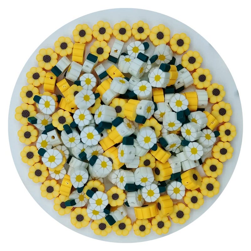 ANSGGB 200pcs Daisy Flower Polymer Clay Beads Mixed Yellow Sunflowers Charm Spacer Beads for DIY Bracelet Necklace Jewelry Making