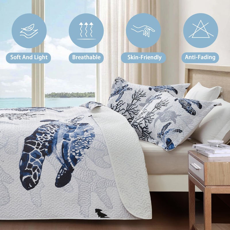 weesire Coastal Bedding King Size Coastal Quilt with 2 Shams, Nautical Beach Comforter Sets Ocean Bedspreads Blue Seaturtle Coverlet Summer Bedding, 96''x106'' - Image 5