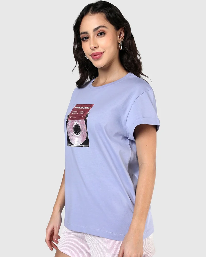 بيواكوف Women's Baby Lavender Baddie Playlist Graphic Printed Boyfriend T-shirt