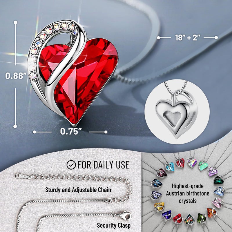 Leafael Gift Necklaces for Women, Infinity Love Birthstone Heart Pendant, Ruby Garnet Red Crystal for January July, Birthday Jewelry for Her, Mom, Wife, Silver Plated, 18" + 2" Chain - Image 3