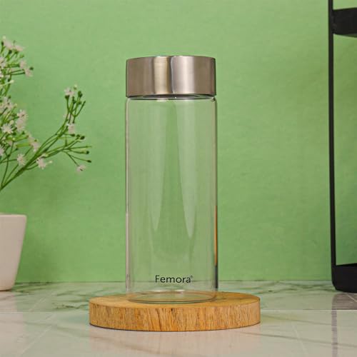 Femora Borosilicate Glass Water Bottle with Steel Lid | Pack of 1 | 500ml | Microwave & Freezer Safe, Leak Proof & Airtight Lid, Scratch Resistant, Transparent. - Image 1