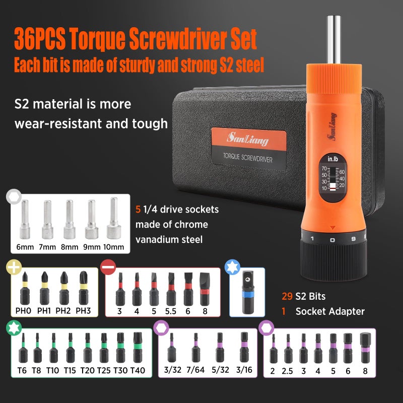 Sanliang 36Pcs Torque Screwdriver Wrench Driver Set 10-70 Inch Pounds lbs with 29 S2 Bitsï¼Œ5 Drive Sockets ï¼Œ1/4" Socket Adapter for Maintenance,Tools, Bike Repairing and Mounting. - Image 2