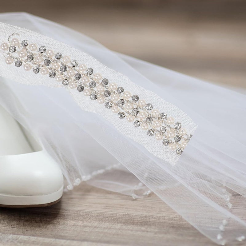 ULTECHNOVO Pearl Rhinestone Lace Trim Ribbon White Mesh Base 3-Row Sewing Embellishment for Dressmaking and Crafts - Image 4
