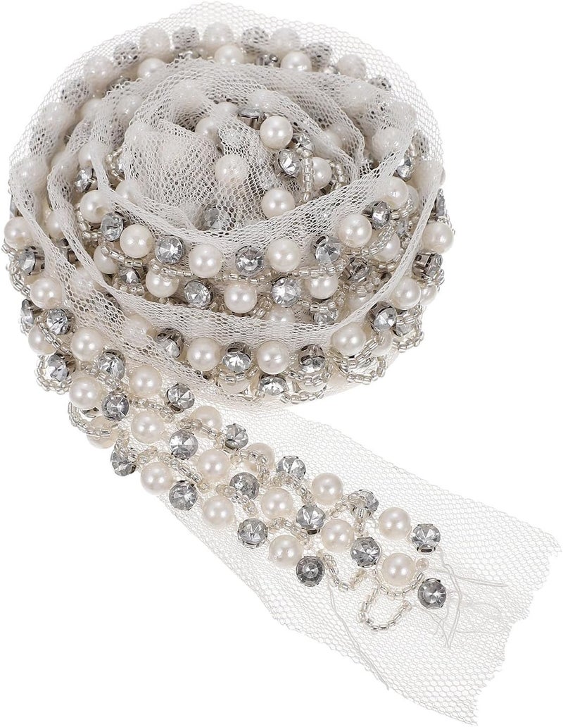 ULTECHNOVO Pearl Rhinestone Lace Trim Ribbon White Mesh Base 3-Row Sewing Embellishment for Dressmaking and Crafts - Image 1