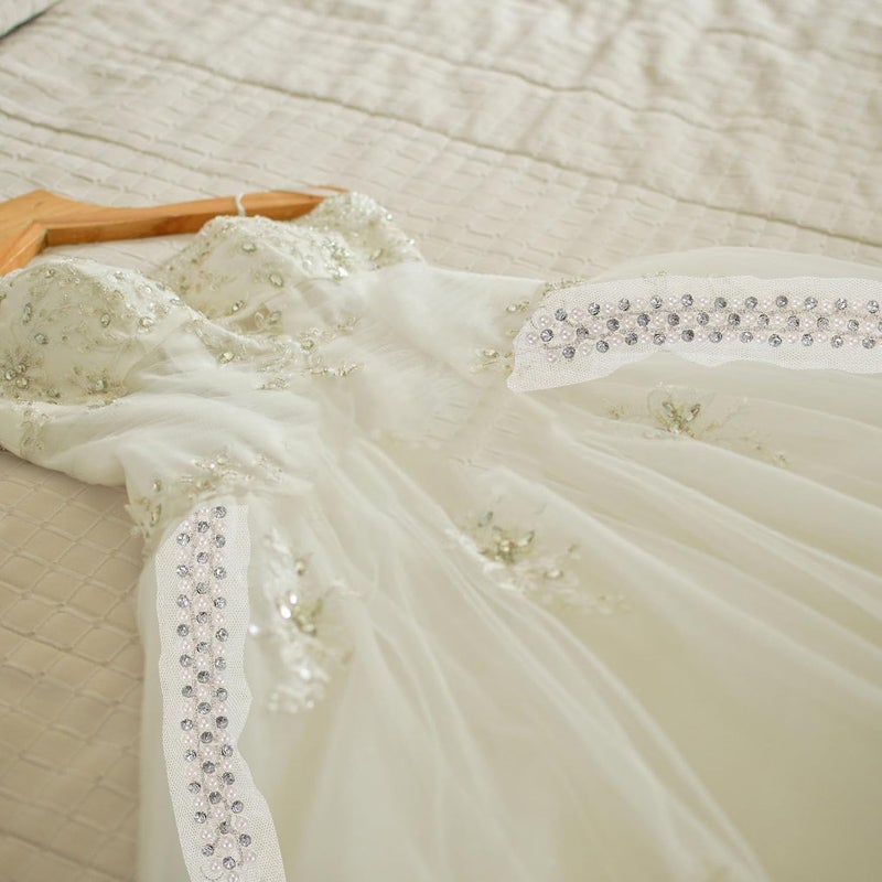 ULTECHNOVO Pearl Rhinestone Lace Trim Ribbon White Mesh Base 3-Row Sewing Embellishment for Dressmaking and Crafts - Image 5