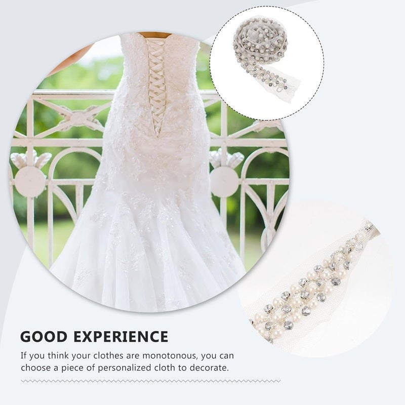 ULTECHNOVO Pearl Rhinestone Lace Trim Ribbon White Mesh Base 3-Row Sewing Embellishment for Dressmaking and Crafts - Image 3