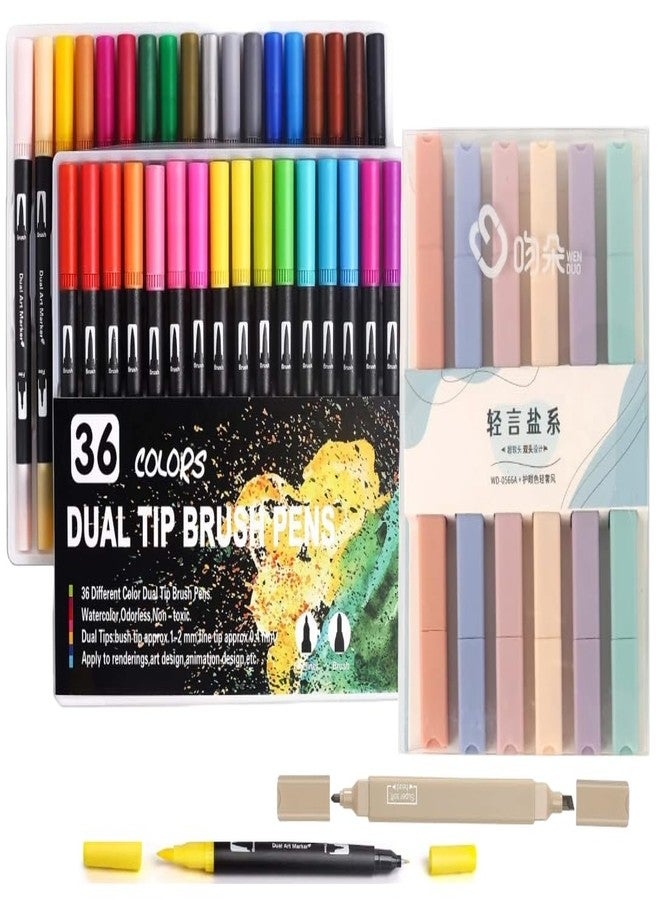 Corslet 42 Pcs Dual Tip Colour Markers Set - 36 Pc Brush Pens & 6 Pc Aesthetic Highlighter Pen Pastel Highlighter Set Sketch Colour Sketch Pen Set Calligraphy Brush Pen for Drawing & Sketching color - Image 1