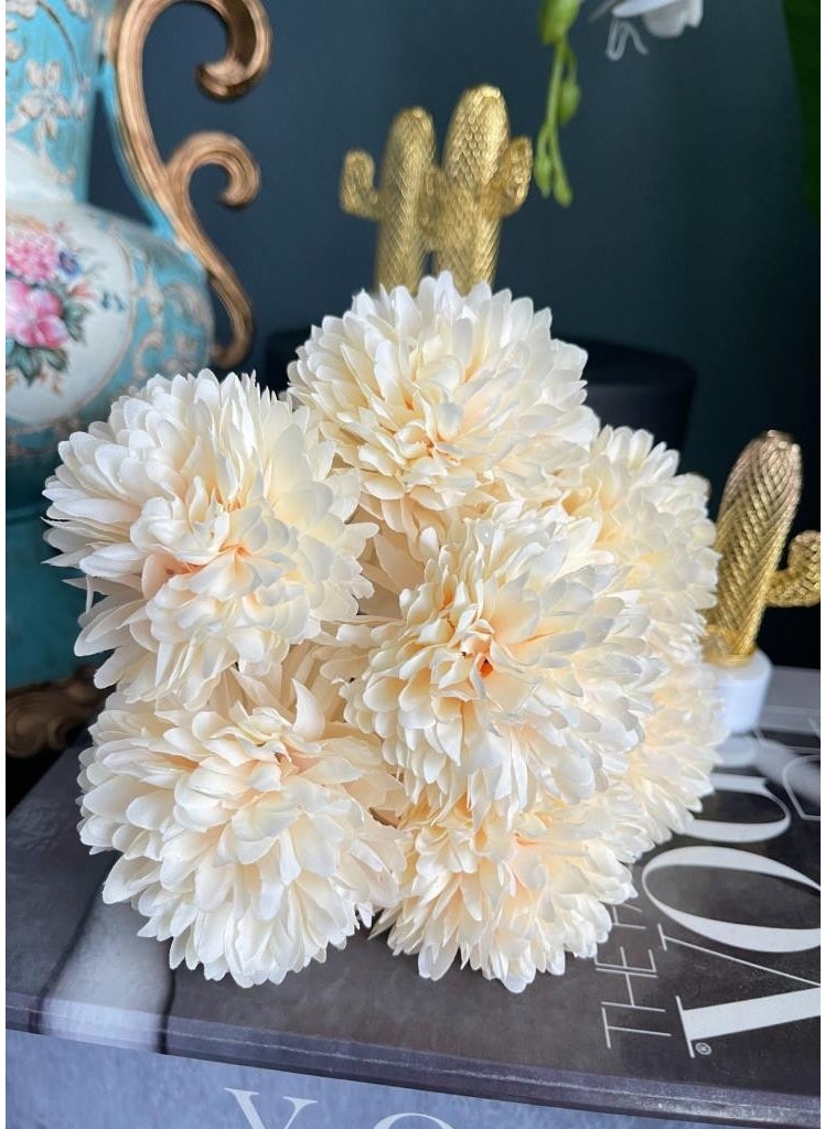 Netten Evime - Artificial Flower Chrysanthemum Snowball Light Champagne Color 7 Individual Single Branch Bunch - Image 1