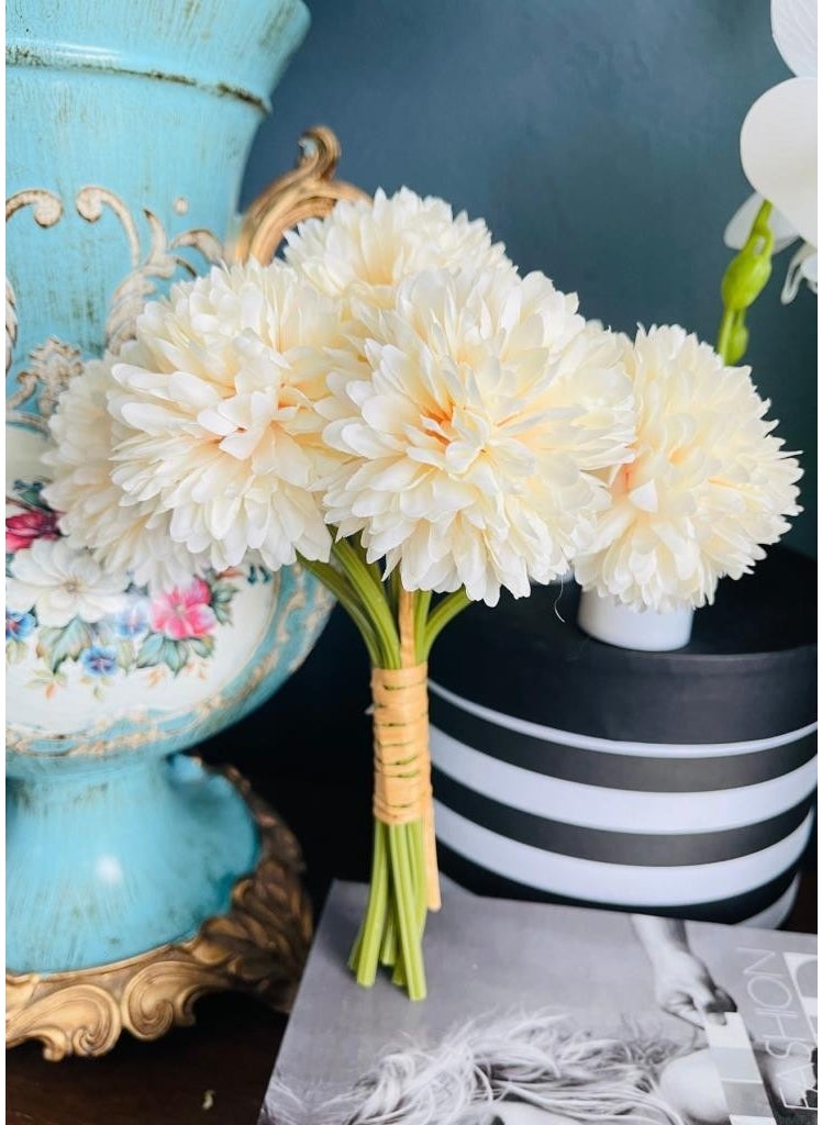 Netten Evime - Artificial Flower Chrysanthemum Snowball Light Champagne Color 7 Individual Single Branch Bunch - Image 1
