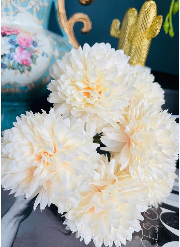 Netten Evime - Artificial Flower Chrysanthemum Snowball Light Champagne Color 7 Individual Single Branch Bunch - Image 1