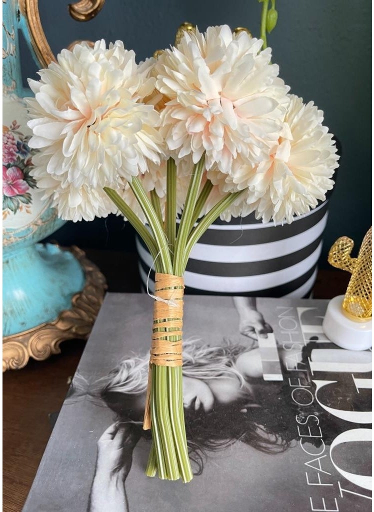 Netten Evime - Artificial Flower Chrysanthemum Snowball Light Champagne Color 7 Individual Single Branch Bunch - Image 1