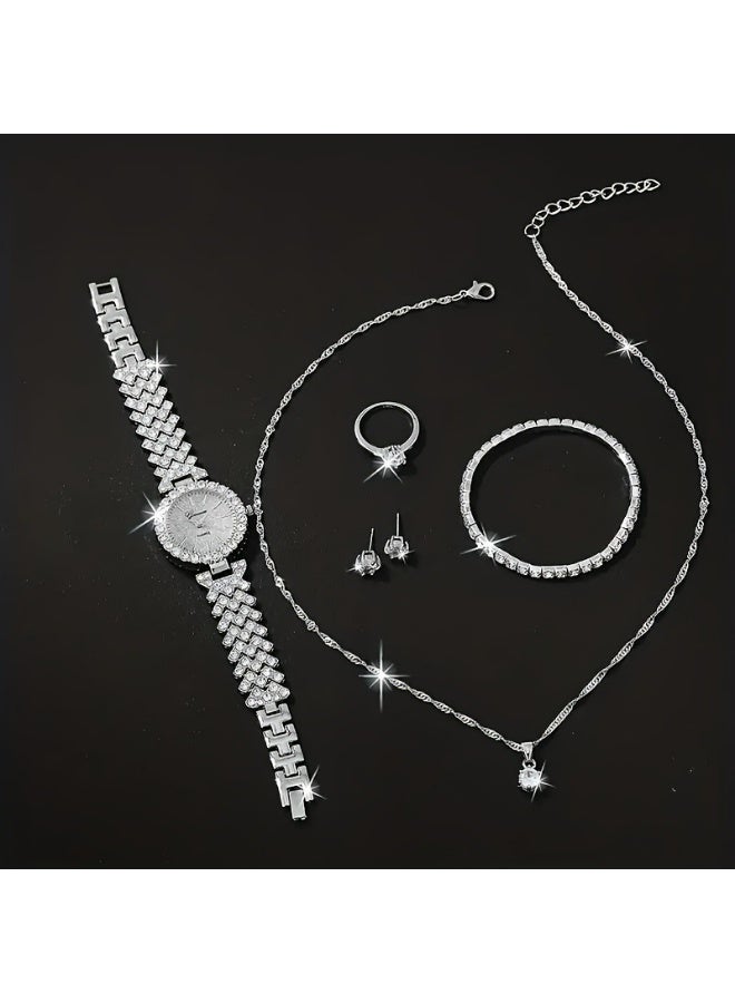 Geneva Shining Ladies Watches Gifts Set with Diamond Decorated Bracelet Necklace Ring Earrings Luxury Fashion Quartz Wrist Womens Watch 5Pcs Set - Image 2