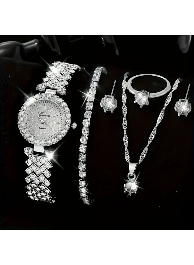 Geneva Shining Ladies Watches Gifts Set with Diamond Decorated Bracelet Necklace Ring Earrings Luxury Fashion Quartz Wrist Womens Watch 5Pcs Set - Image 1