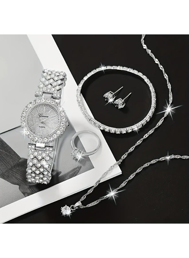 Geneva Shining Ladies Watches Gifts Set with Diamond Decorated Bracelet Necklace Ring Earrings Luxury Fashion Quartz Wrist Womens Watch 5Pcs Set - Image 3