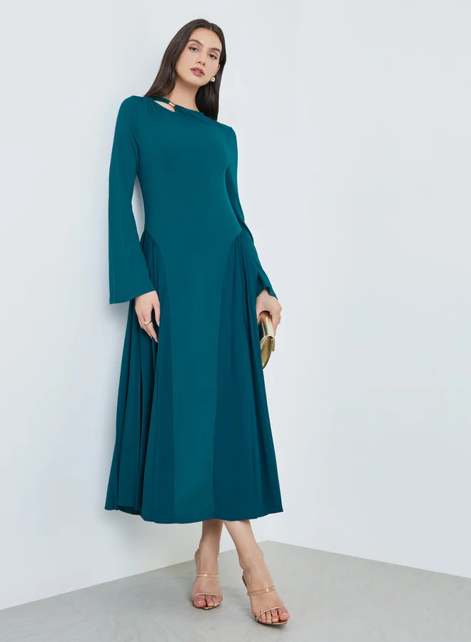 Take Two Teal Cut-Out Detail Pleated Maxi Dress