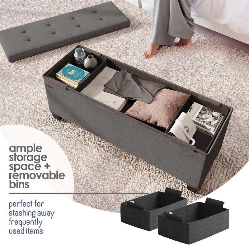 STORAGEBUD Storage Ottoman Bench with Bins, 43-in Storage Bench for Bedroom End of Bed, Folding Foot Rest Ottoman for Living Room Max 660lbs, Fabric Ottomans, Grey - Image 3