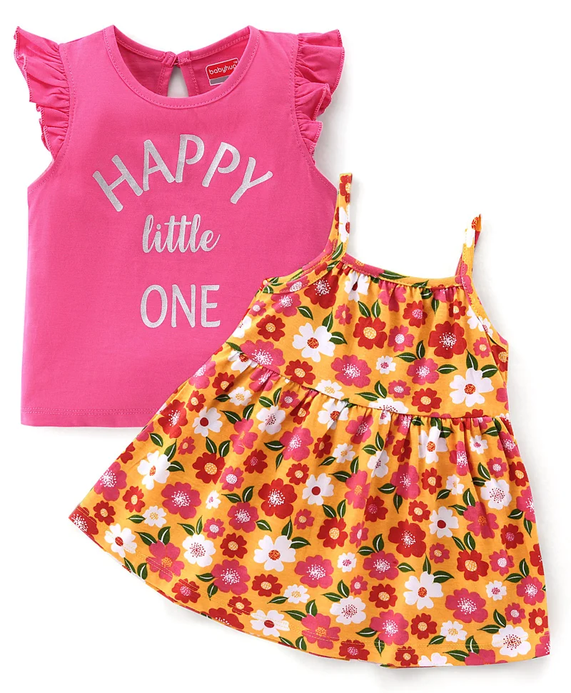 babyhug Babyhug 100% Cotton Jersey Frock With Knitted Inner Tee Floral & Text Print - Pink & Yellow