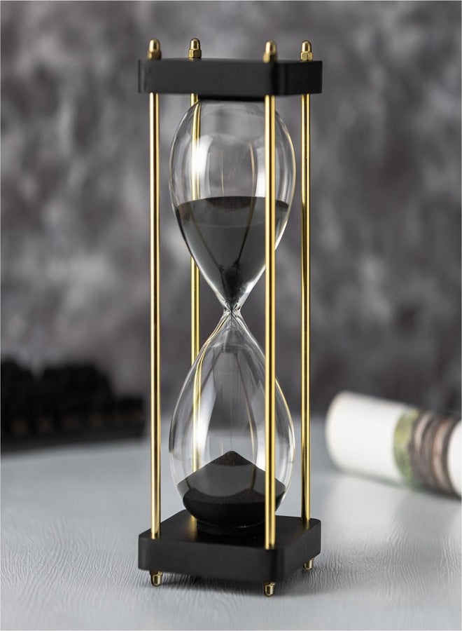 ELAINESTORE Hourglass Timer 60 Minute with Golden Pillars, Black Wooden Base Decorative Sand Timer (Black Sand, Large Size) - Image 1