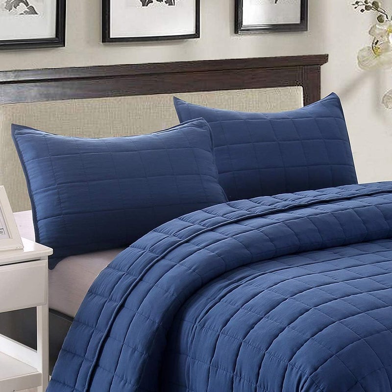 EMME Quilts Twin Size Bedding Sets Navy Blue Bedspread Soft Pre-Washed Quilt Winter Bed Sets, 2 Piece, Cozy Reversible Microfiber Bed Coverlet with Pillow Sham (Square Pattern,66"x90") - Image 3