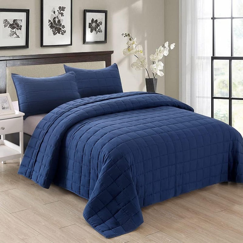 EMME Quilts Twin Size Bedding Sets Navy Blue Bedspread Soft Pre-Washed Quilt Winter Bed Sets, 2 Piece, Cozy Reversible Microfiber Bed Coverlet with Pillow Sham (Square Pattern,66"x90") - Image 1
