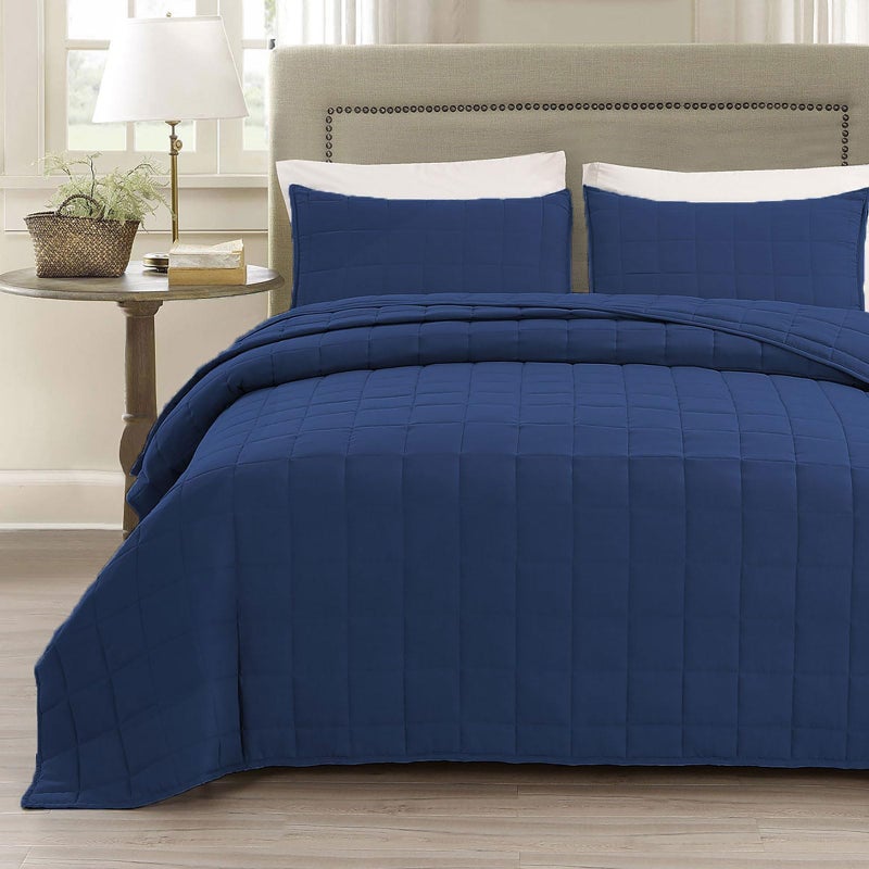 EMME Quilts Twin Size Bedding Sets Navy Blue Bedspread Soft Pre-Washed Quilt Winter Bed Sets, 2 Piece, Cozy Reversible Microfiber Bed Coverlet with Pillow Sham (Square Pattern,66"x90") - Image 2