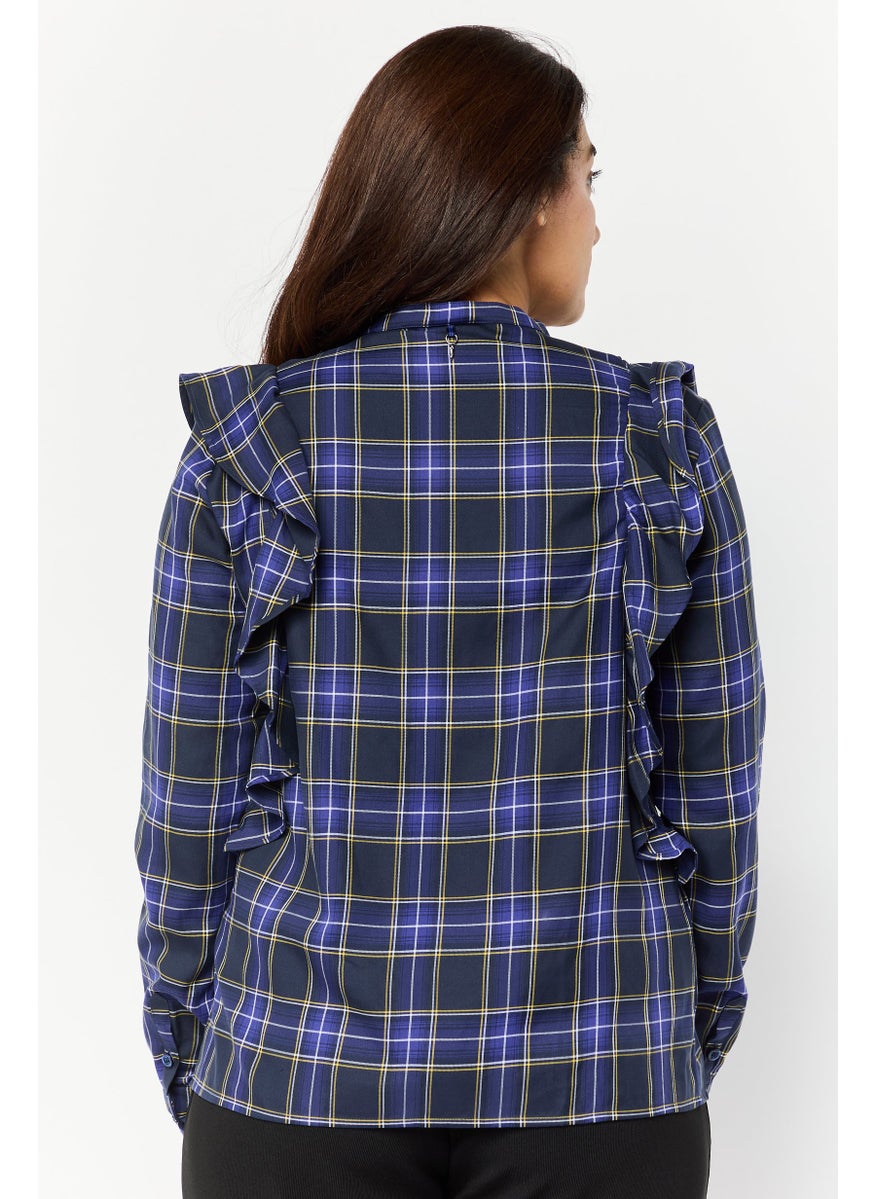Harmont & Blaine Women Crew Neck Plaid Shirt, Dark Blue  - Image 2