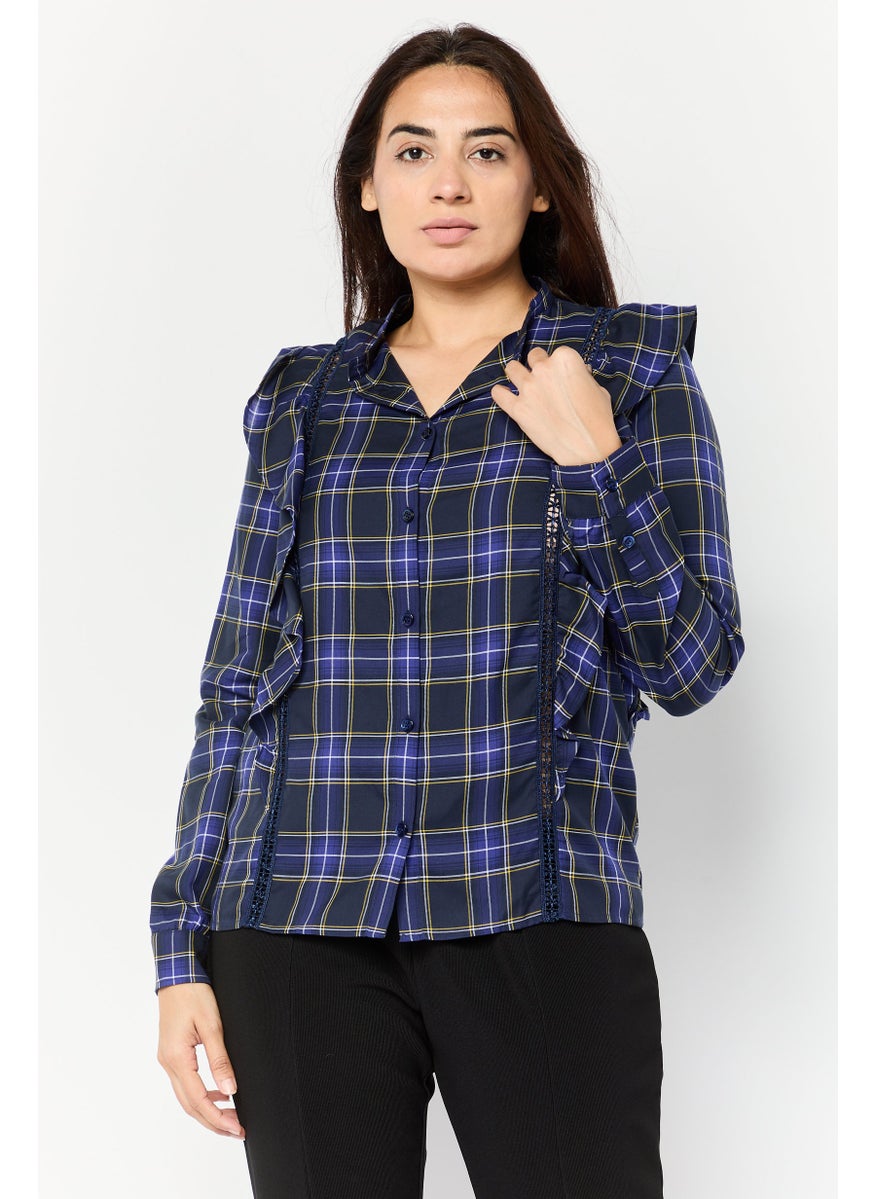 Harmont & Blaine Women Crew Neck Plaid Shirt, Dark Blue  - Image 1