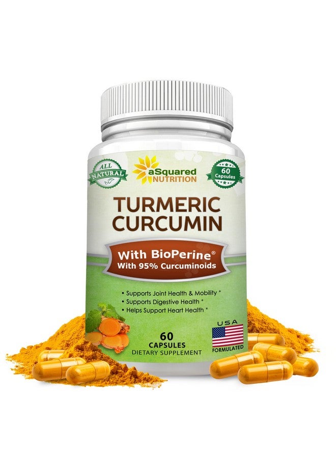 aSquared Nutrition Turmeric Curcumin 1300mg with BioPerine Black Pepper Extract Supplement - 60 Capsules - with 95% Curcuminoids - Natural Tumeric Root Powder Joint Pills - Image 1