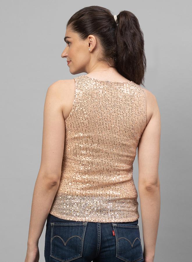 globus Women Gold Embellished Round Neck Top - Image 3