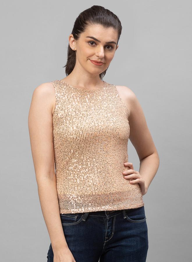 globus Women Gold Embellished Round Neck Top - Image 1