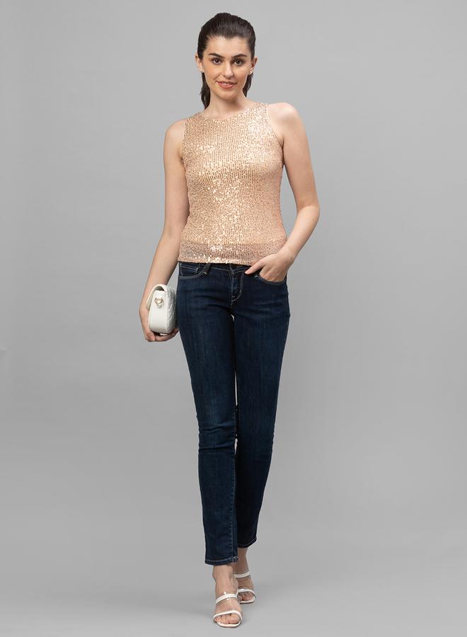 globus Women Gold Embellished Round Neck Top - Image 2
