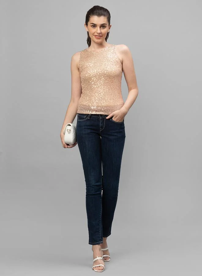 globus Women Gold Embellished Round Neck Top