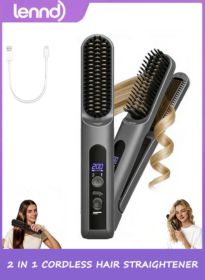 LENND Cordless Hair Straightener Brush - Curler 2 in 1 Hair Styling Tools，Portable Rechargeable Battery-Powered for Travel with 4 Temperature Settings， Removable for Easy Cleaning - Image 1
